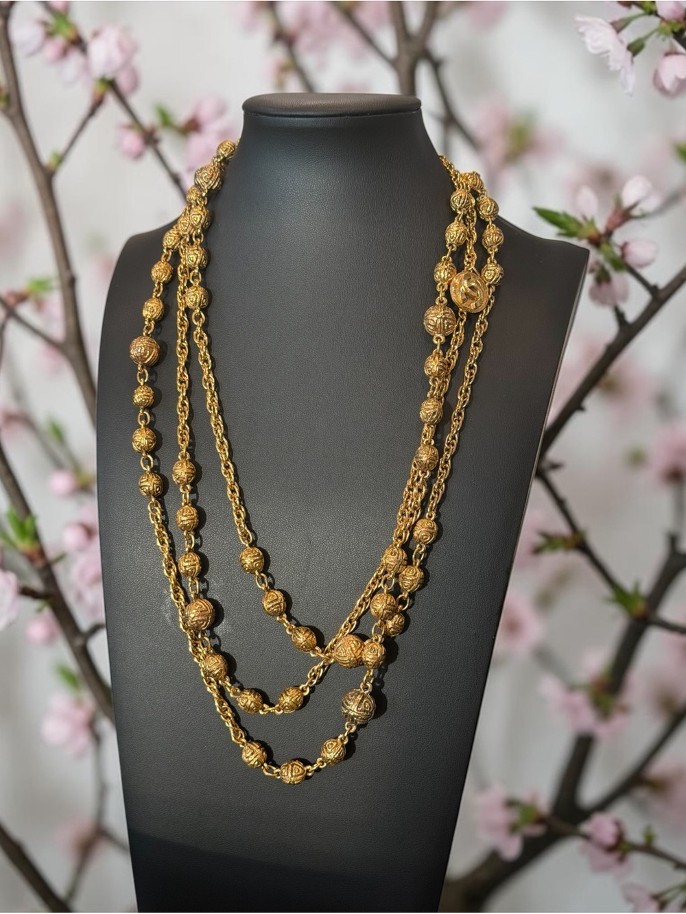 CHANEL Gold-Plate Triple Strand Beaded Necklace X Long